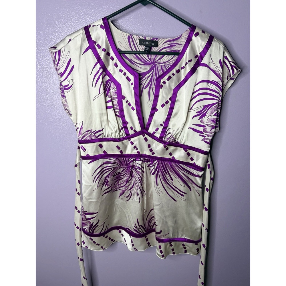 Vtg Y2K Silk Blend Top Medium Purple Floral Print Empire‎ Waist 2000s Bebe